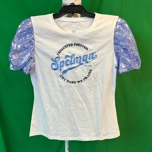 White and Blue Sequin Sleeve Women's Top